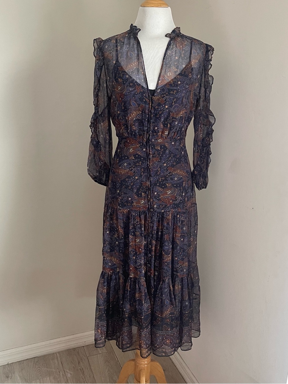 Veronica Beard Sheer Paisley Western Boho Midi Dress in Navy and Brown